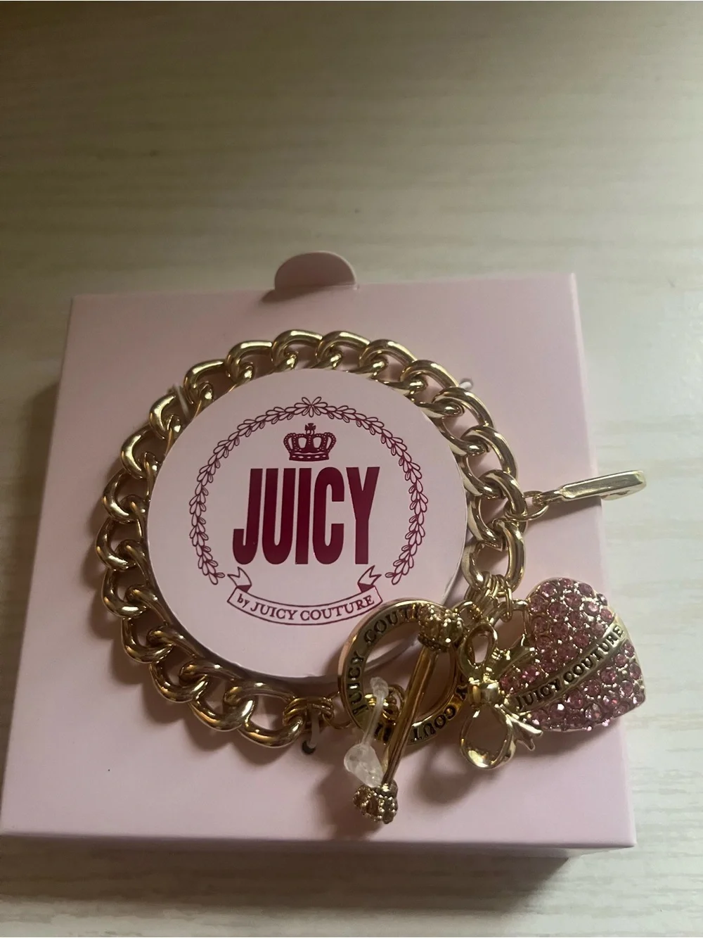 Juicy Couture Gold-Tone Bracelet with Pink Pavé Heart  Charm